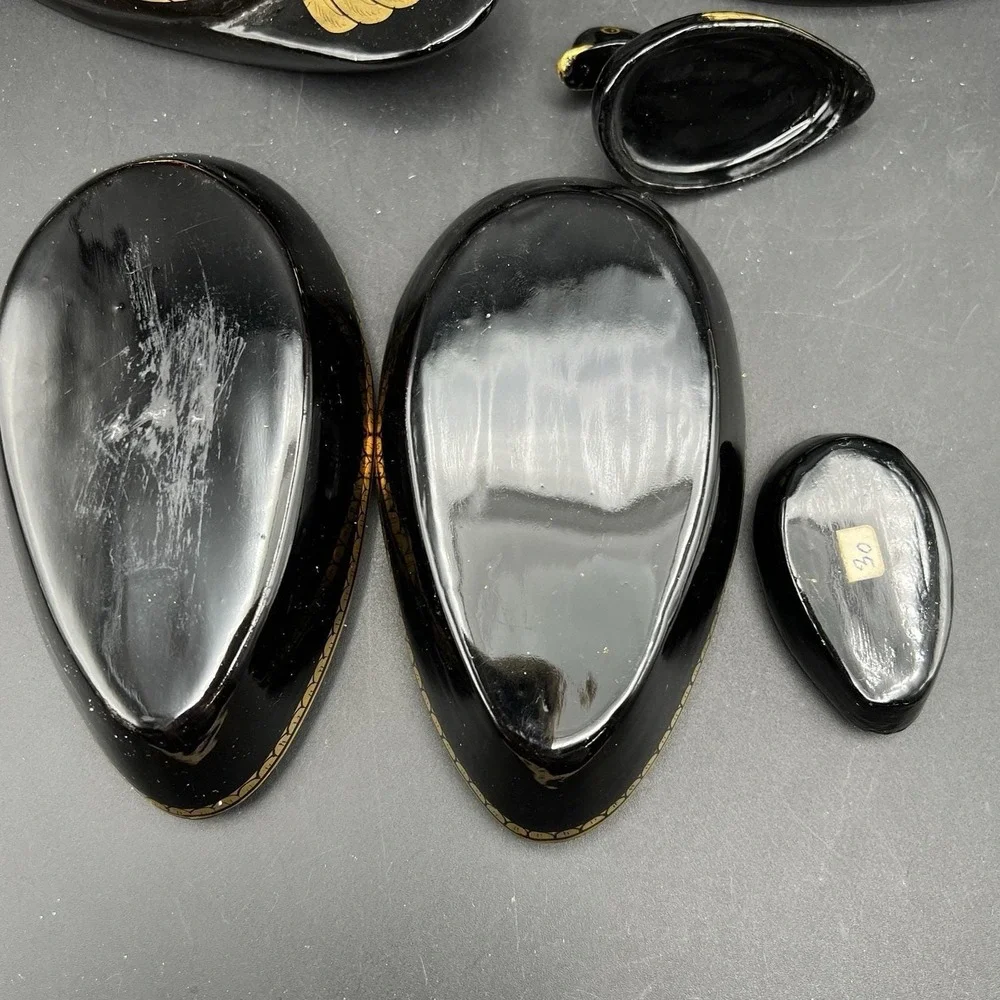 Vintage Black And Gold Gilded Lacquered Duck Wood Trinket Box Set Family Of 3